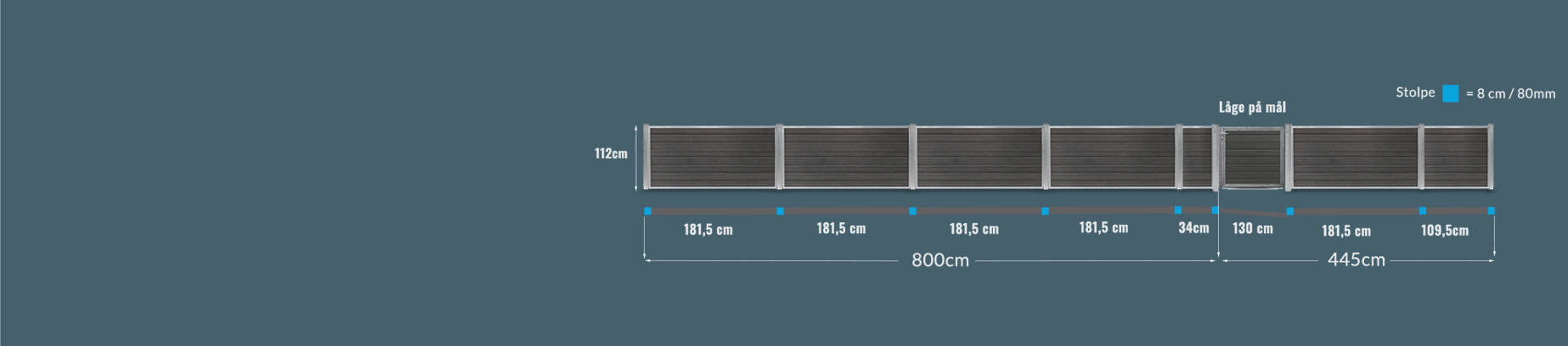 Et vandret diagram over et hegnslayout viser otte segmenter, der måler 800 cm i længden og 107 cm i højden, med en 30 cm hældning fremhævet - perfekt til hegn pris beregning, eller hvis du vil indhent tilbud hegn. Segmenternes bredde er angivet i centimeter.