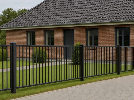 Et moderne murstenshus med mørkt tegltag, vinduer med sorte rammer og en Balusterhegn P-20 i stål foran. I haven er der grønt græs og små buske langs en pæn gangsti.