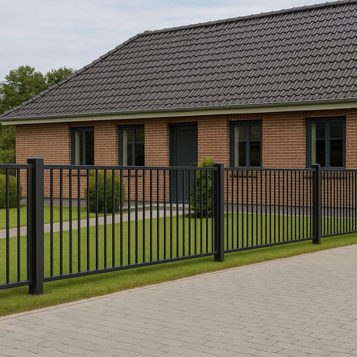 Et moderne murstenshus med mørkt tegltag, vinduer med sorte rammer og en Balusterhegn P-20 i stål foran. I haven er der grønt græs og små buske langs en pæn gangsti.