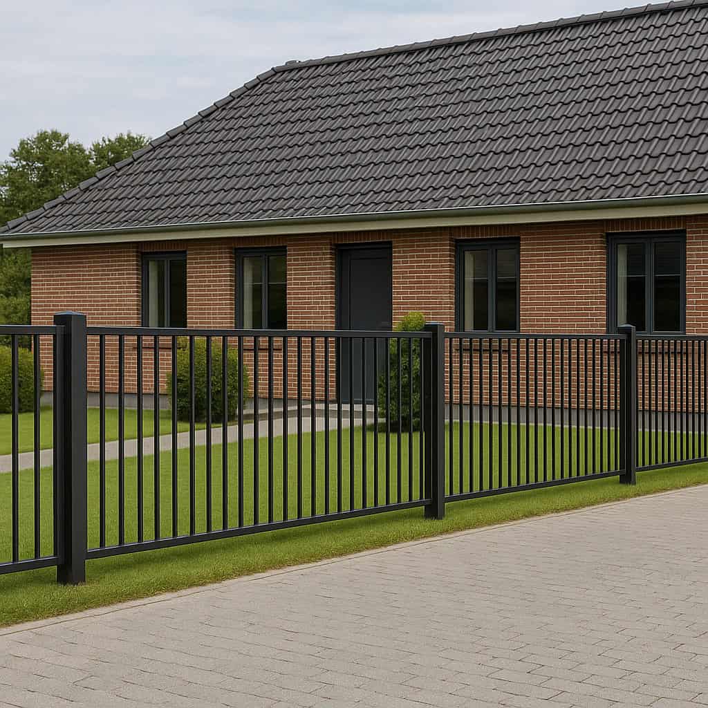 Et moderne murstenshus med mørkt tegltag, vinduer med sorte rammer og en Balusterhegn P-20 i stål foran. I haven er der grønt græs og små buske langs en pæn gangsti.