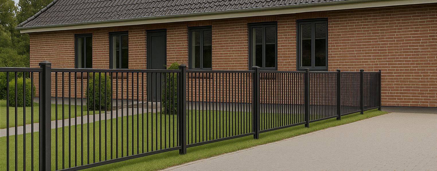 Et moderne sort metalhegn løber parallelt med et murstenshus med mørke vinduer og døre og omslutter en pænt trimmet grøn græsplæne og en havegang.