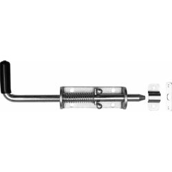 Den varmgalvaniserede fjederlukke 220x40 mm til porte, låger og døre med Ø12 mm bolt er en holdbar lås med sort håndtag og monteringsplader, perfekt til sikker installation på porte, hegn og døre.