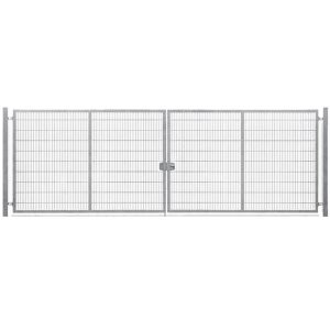 En stor, dobbeltlåge af metaltrådnet med lodrette og vandrette stænger, med en robust Locinox-låsekasse i midten og understøttet af to robuste sidestolper. Ideel som dobbeltlåge til TREND-sikkerhedshegnsløsninger.