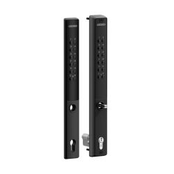 To sorte elektroniske tastaturlåse er vist side om side, hver med et numerisk tastatur, nøglehul og rund drejeknap - ideelle som batteridrevne kodelåse til porte og låger, der giver moderne sikkerhedsadgang.
