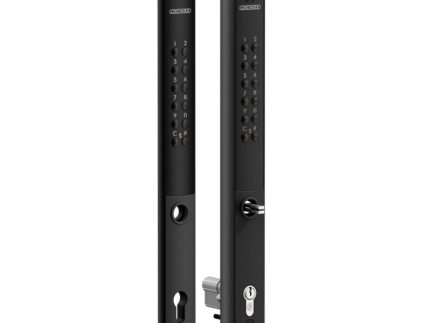 To sorte elektroniske tastaturlåse er vist side om side, hver med et numerisk tastatur, nøglehul og rund drejeknap - ideelle som batteridrevne kodelåse til porte og låger, der giver moderne sikkerhedsadgang.