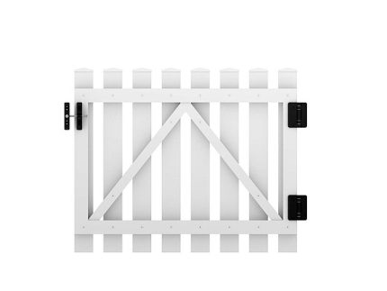 En 100×80 cm hvid PVC-port, Stakitlåge i plast "PROFEXline" (LIGE), med lodrette lameller, vandrette og diagonale støttestænger, sort lås og hængsler; vist isoleret på en hvid baggrund.