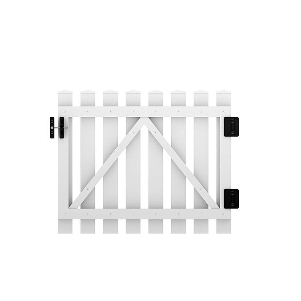 En 100×80 cm hvid PVC-port, Stakitlåge i plast "PROFEXline" (LIGE), med lodrette lameller, vandrette og diagonale støttestænger, sort lås og hængsler; vist isoleret på en hvid baggrund.