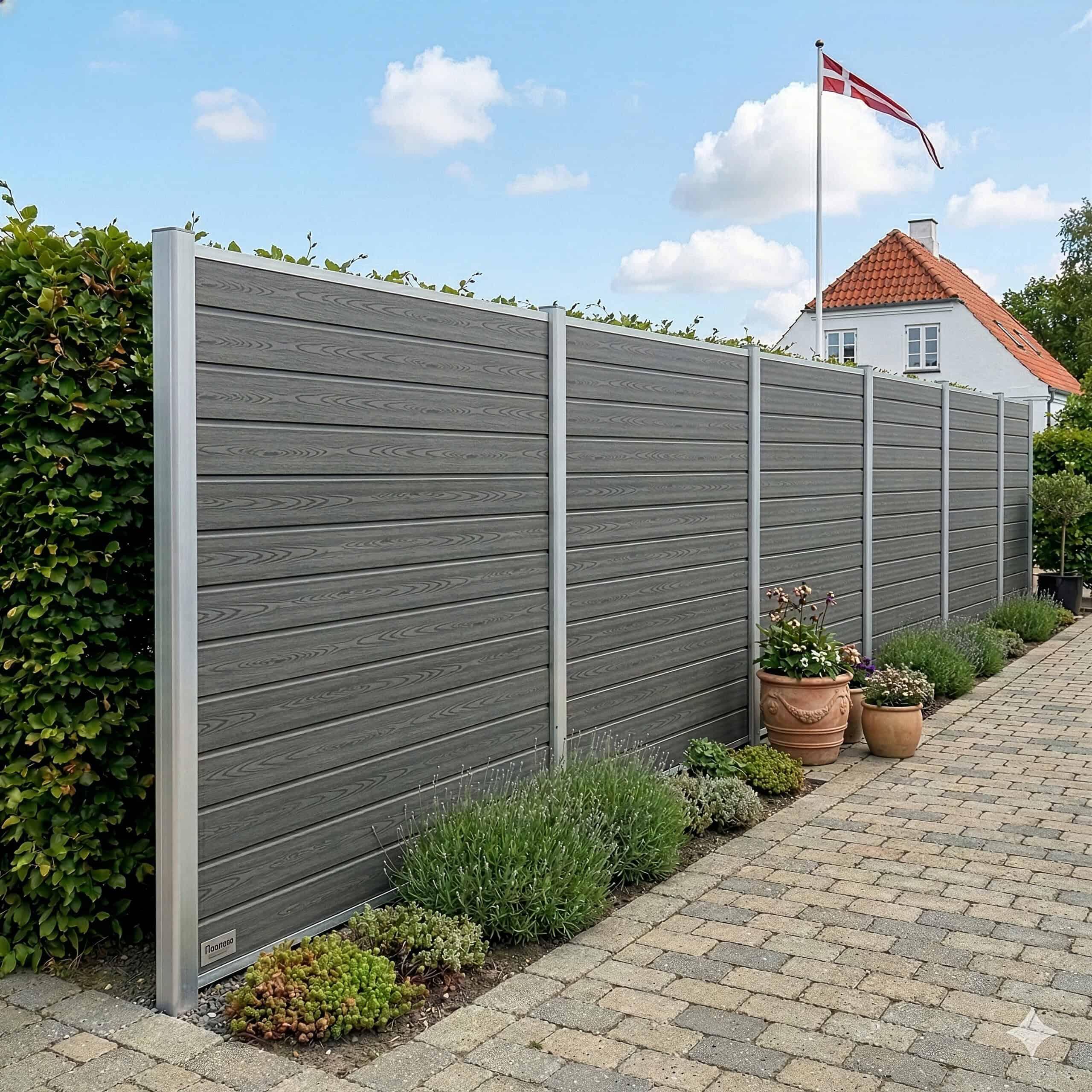 En Komposithegn med aluminiumsstolper & alu top/bundskinner - Type 3 i moderne grå står ved siden af en brolagt gangsti med potteplanter og grønne planter, sat op mod et hvidt hus med rødt tag og flag under en blå himmel.