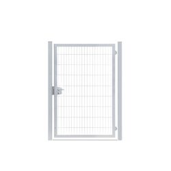 En TREND 2D Panellåge hvid metalsikkerhedsport har lodrette og vandrette galvaniserede trådgitterpaneler, en lås til venstre og to støttestolper på hver side, alt sammen isoleret på en hvid baggrund.