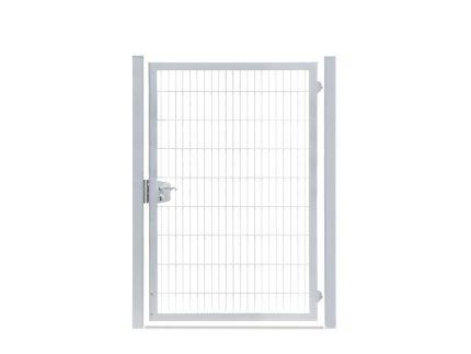 En TREND 2D Panellåge hvid metalsikkerhedsport har lodrette og vandrette galvaniserede trådgitterpaneler, en lås til venstre og to støttestolper på hver side, alt sammen isoleret på en hvid baggrund.