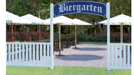 Hvidt PVC event-hegn omkring en biergarten med parasoller