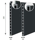 To mørke, rektangulære paneler med hule sektioner, der hver er 300 mm høje og 20 mm brede. Nærbilleder viser de øverste kanter med forskellige rilleformer. Panelerne er placeret side om side.