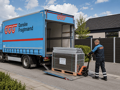 En medarbejder læsser glaspaneler af en blå lastbil fra Danske Fragtmænd ved hjælp af en pallevogn på en boliggade med huse og grønne områder i baggrunden.