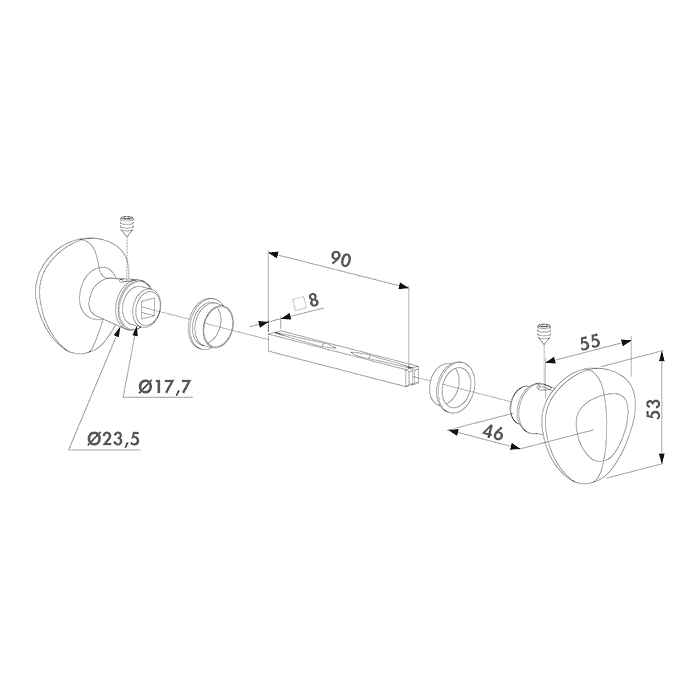 Måltegning Locinox 3006R runde knopper – firkantskaft 8 mm, 90 mm, knop 55 x 53 mm