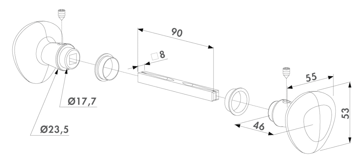 Måltegning Locinox 3006R: firkantskaft 8 mm, 90 mm, knop 55 × 53 mm, dybde 46 mm