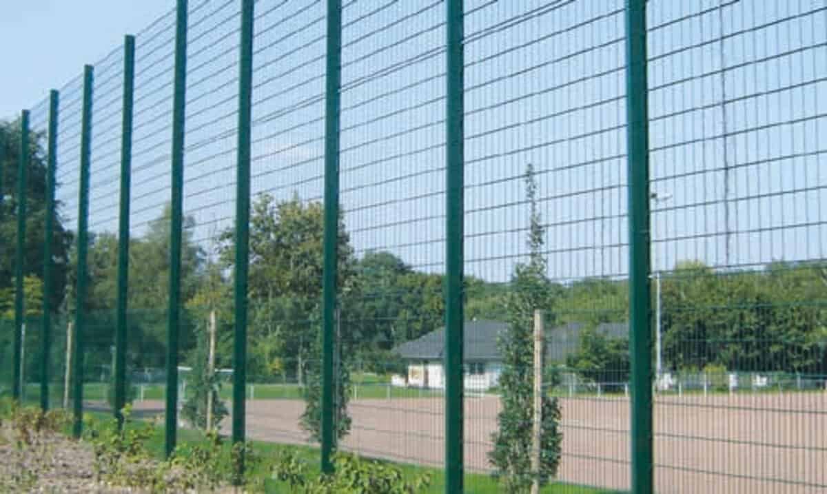 Grønt boldhegn i 4 meters højde langs en sportsbane med lange forstærkede stolper