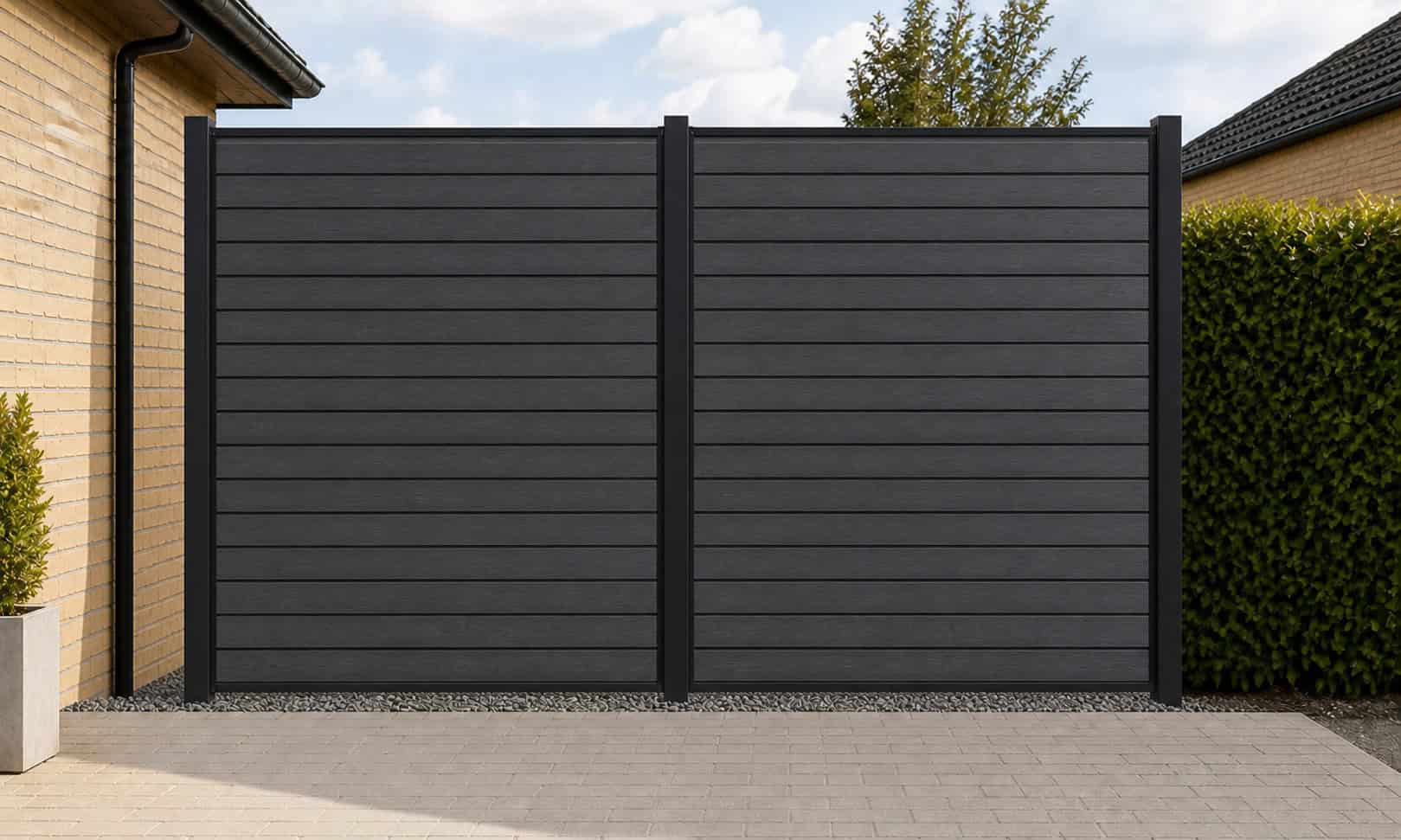 Komposit Hegn med sorte pulverlakeret stålstolper & u-skinner - Type 1 - Antrazit, 210cm
