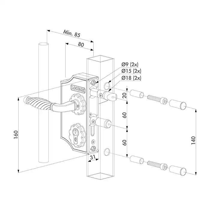 Måltegning Locinox LAKYF2 – 160 mm høj, 60 mm boltcenterafstand