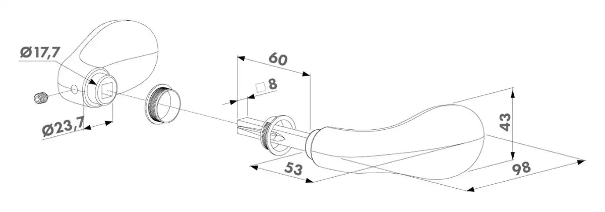 Måltegning Locinox 3006C: håndtag 98 × 43 mm, dybde 53 mm, firkantskaft 8 × 60 mm
