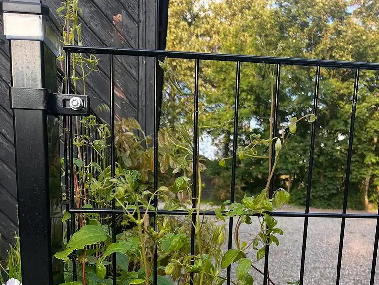 Sort designbeslag på stolpen med klematis